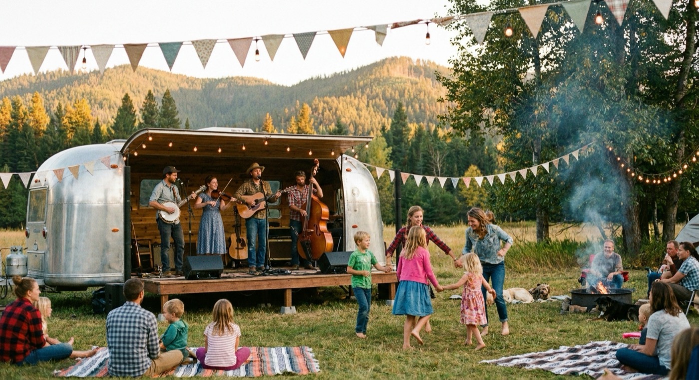 A folk band playing on a stage built from a trailer while families dance in the grass at golden hour