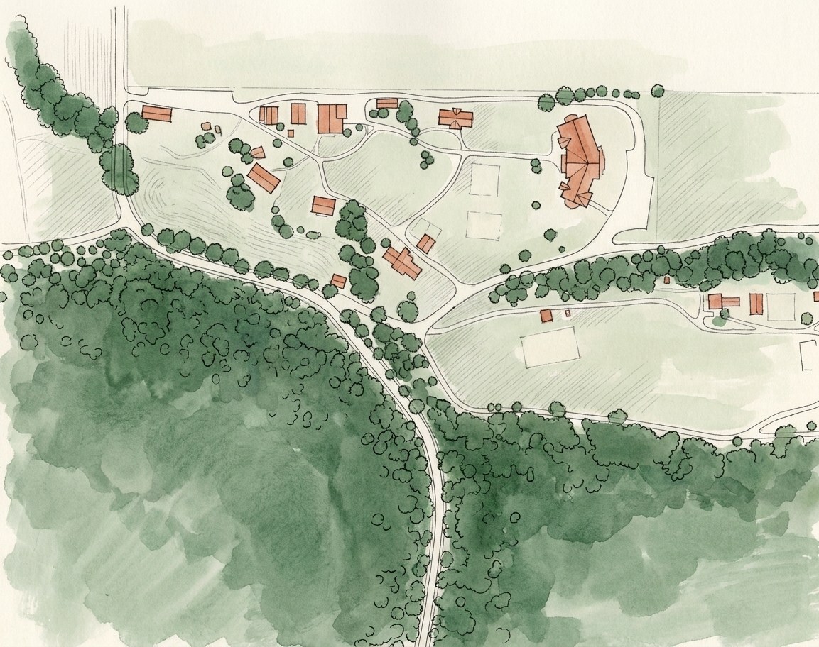 A watercolor plan of the lower campus at Boulder Creek Retreat: buildings, paths and the woods
